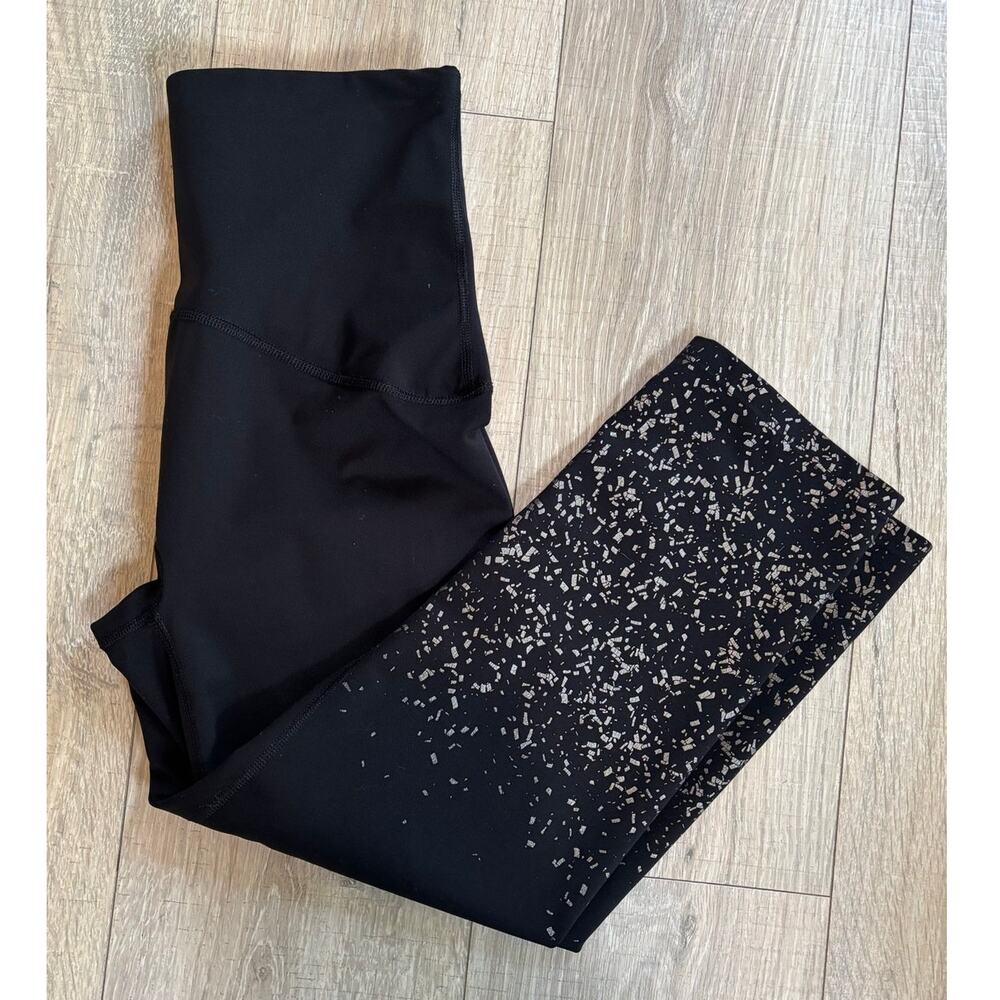 Spanx Cropped Leggings Black Metallic Silver Confetti Print Large Woman